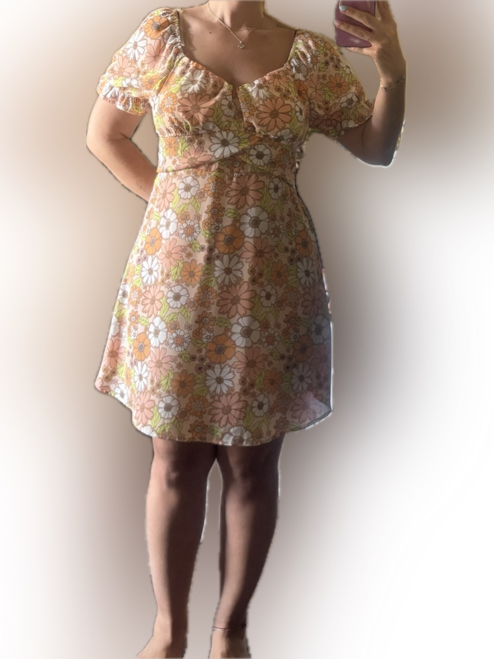 Retro Floral A-Line Dress in Peach, White & Green